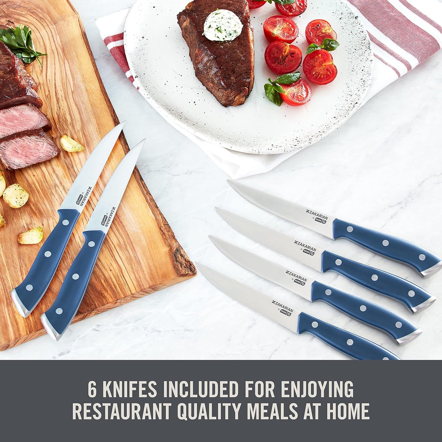 Zakarian Steak Knives Set of 6, Non-Serrated Straight Edge Steak Knife Set, High-Carbon German Stainless Steel, Full-Tang Forged, Dishwasher Safe, Black