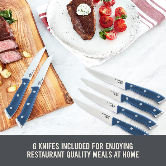 Zakarian Steak Knives Set of 6, Non-Serrated Straight Edge Steak Knife Set, High-Carbon German Stainless Steel, Full-Tang Forged, Dishwasher Safe, Black