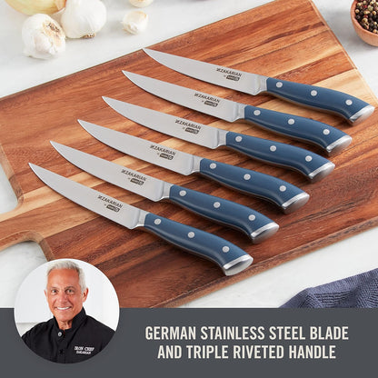 Zakarian Steak Knives Set of 6, Non-Serrated Straight Edge Steak Knife Set, High-Carbon German Stainless Steel, Full-Tang Forged, Dishwasher Safe, Black
