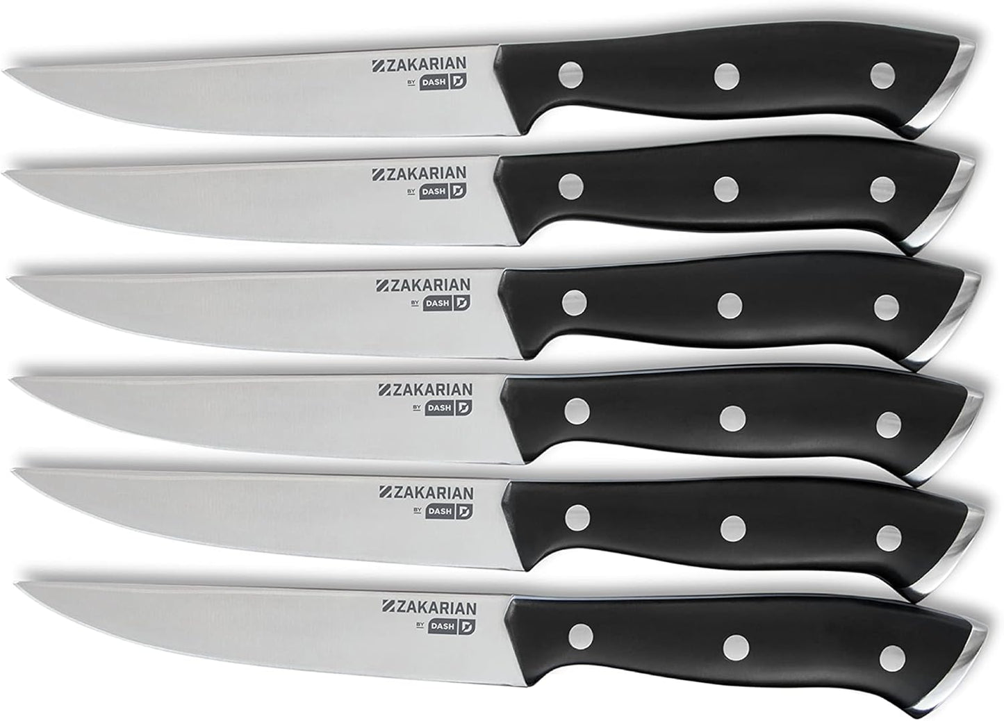Zakarian Steak Knives Set of 6, Non-Serrated Straight Edge Steak Knife Set, High-Carbon German Stainless Steel, Full-Tang Forged, Dishwasher Safe, Black