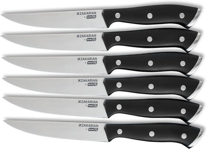 Zakarian Steak Knives Set of 6, Non-Serrated Straight Edge Steak Knife Set, High-Carbon German Stainless Steel, Full-Tang Forged, Dishwasher Safe, Black