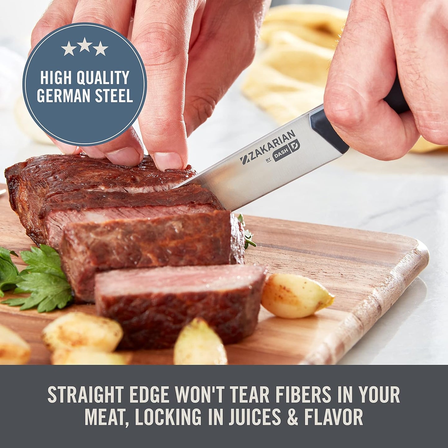 Zakarian Steak Knives Set of 6, Non-Serrated Straight Edge Steak Knife Set, High-Carbon German Stainless Steel, Full-Tang Forged, Dishwasher Safe, Black