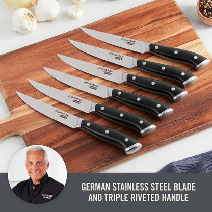 Zakarian Steak Knives Set of 6, Non-Serrated Straight Edge Steak Knife Set, High-Carbon German Stainless Steel, Full-Tang Forged, Dishwasher Safe, Black
