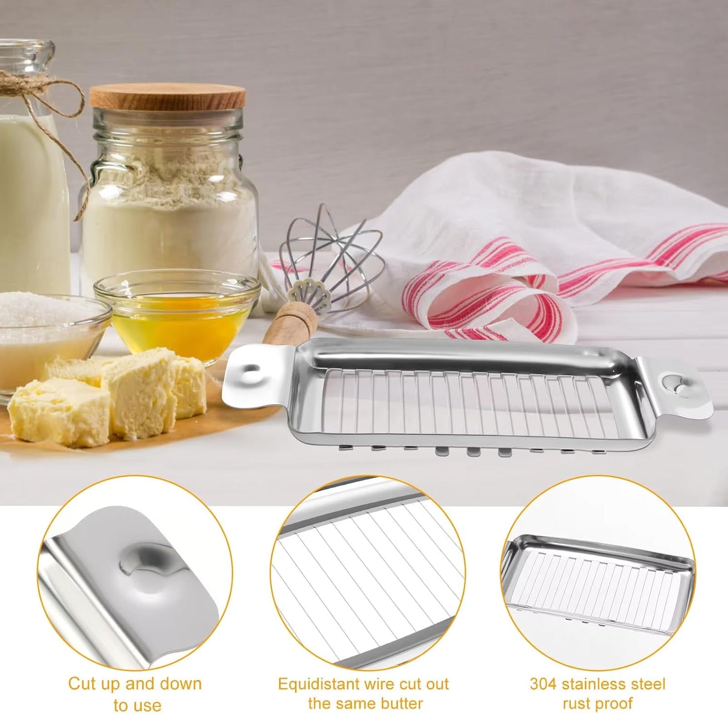 Cheese Slicer for Block Cheese:18 Wires Cut 1/4 Inch Butter Cutter, Stainless Steel Slicers for Butter Squares Bulk Cutting with Cheese knife, Dishwasher Safe