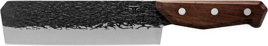 PrimalForge Nakiri Knife | Precision Cutting, Vegetable Cutlery, Home & Professional Knife, Rugged Stonewash Finish, Sharp 5Cr15MoV Stainless-Steel, Wood Handle, Hand Forged Appearance