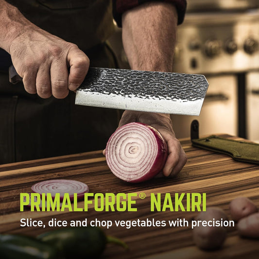 PrimalForge Nakiri Knife | Precision Cutting, Vegetable Cutlery, Home & Professional Knife, Rugged Stonewash Finish, Sharp 5Cr15MoV Stainless-Steel, Wood Handle, Hand Forged Appearance