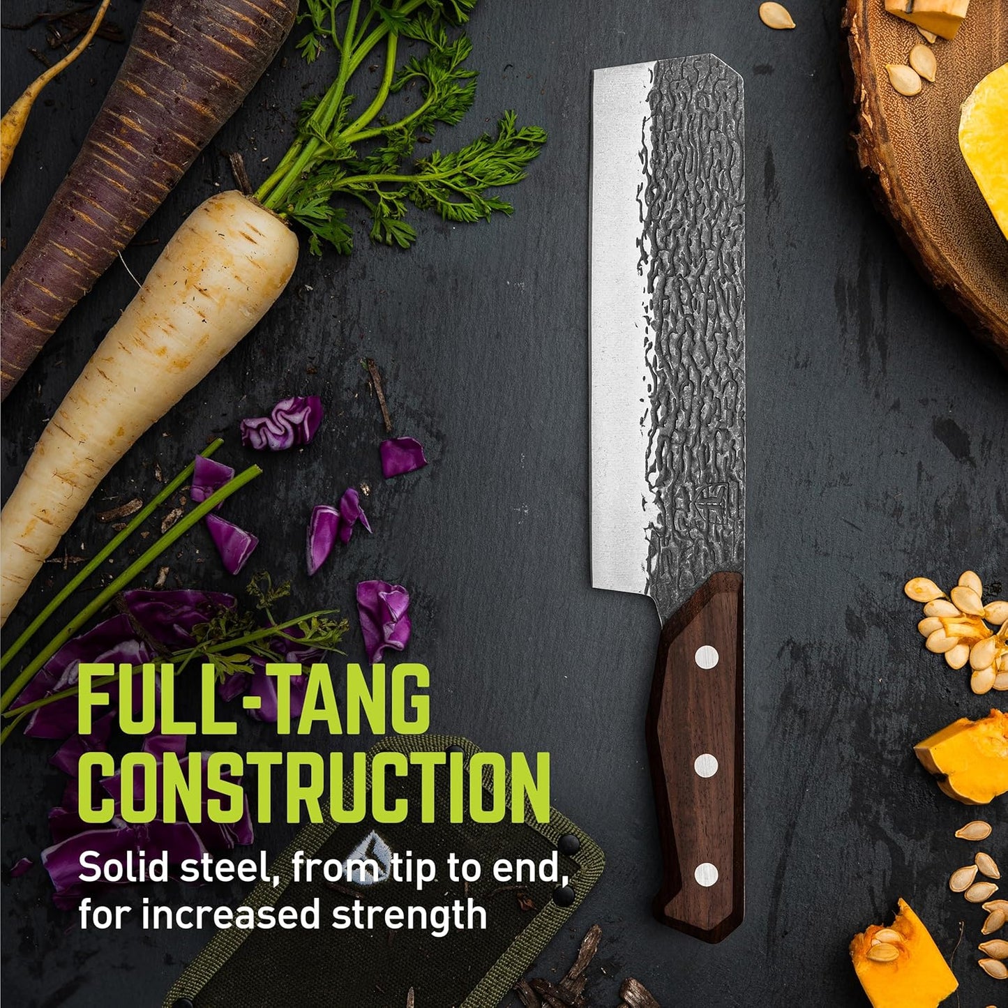 PrimalForge Nakiri Knife | Precision Cutting, Vegetable Cutlery, Home & Professional Knife, Rugged Stonewash Finish, Sharp 5Cr15MoV Stainless-Steel, Wood Handle, Hand Forged Appearance