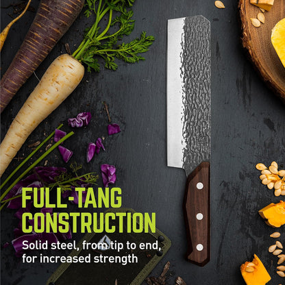 PrimalForge Nakiri Knife | Precision Cutting, Vegetable Cutlery, Home & Professional Knife, Rugged Stonewash Finish, Sharp 5Cr15MoV Stainless-Steel, Wood Handle, Hand Forged Appearance