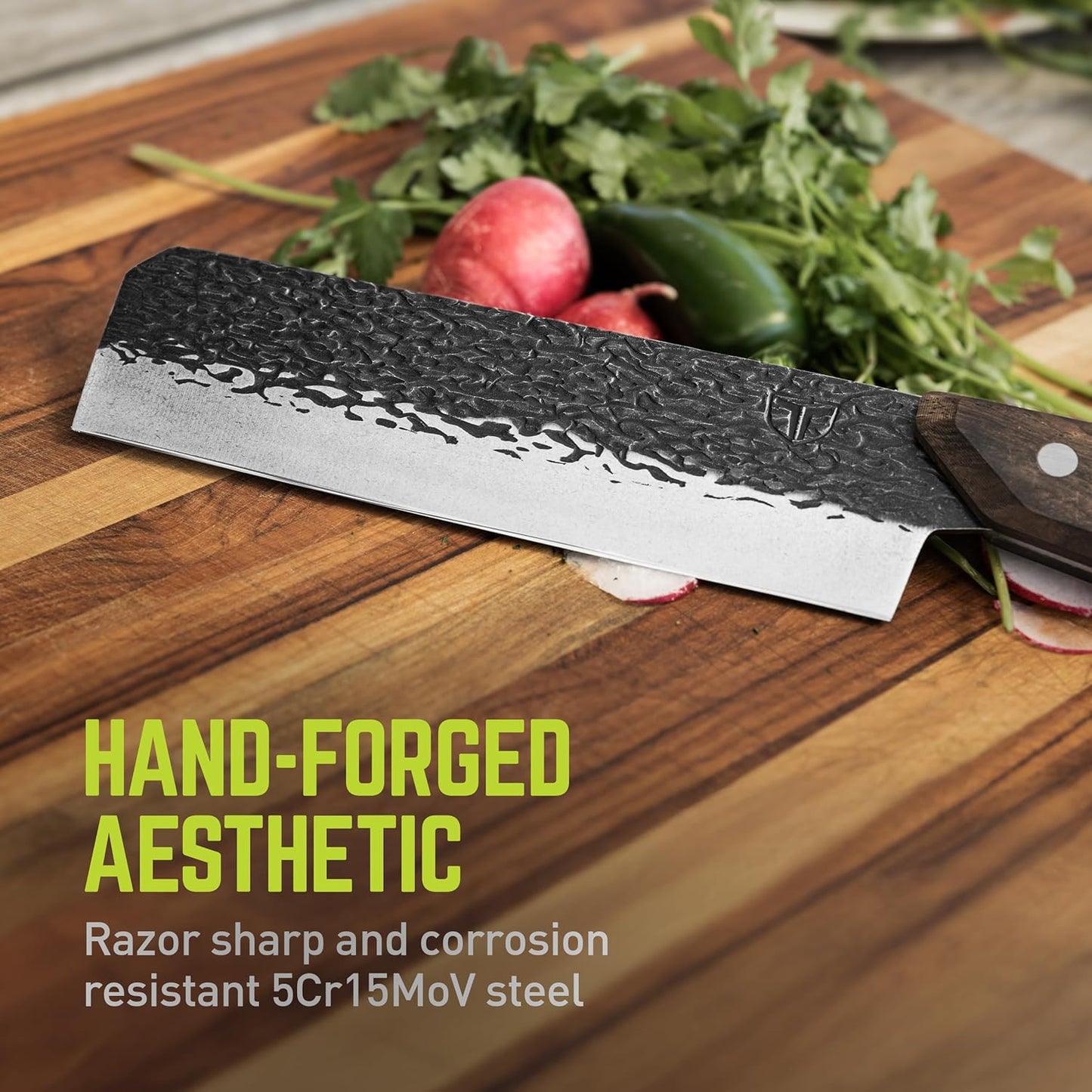 PrimalForge Nakiri Knife | Precision Cutting, Vegetable Cutlery, Home & Professional Knife, Rugged Stonewash Finish, Sharp 5Cr15MoV Stainless-Steel, Wood Handle, Hand Forged Appearance