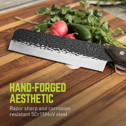 PrimalForge Nakiri Knife | Precision Cutting, Vegetable Cutlery, Home & Professional Knife, Rugged Stonewash Finish, Sharp 5Cr15MoV Stainless-Steel, Wood Handle, Hand Forged Appearance