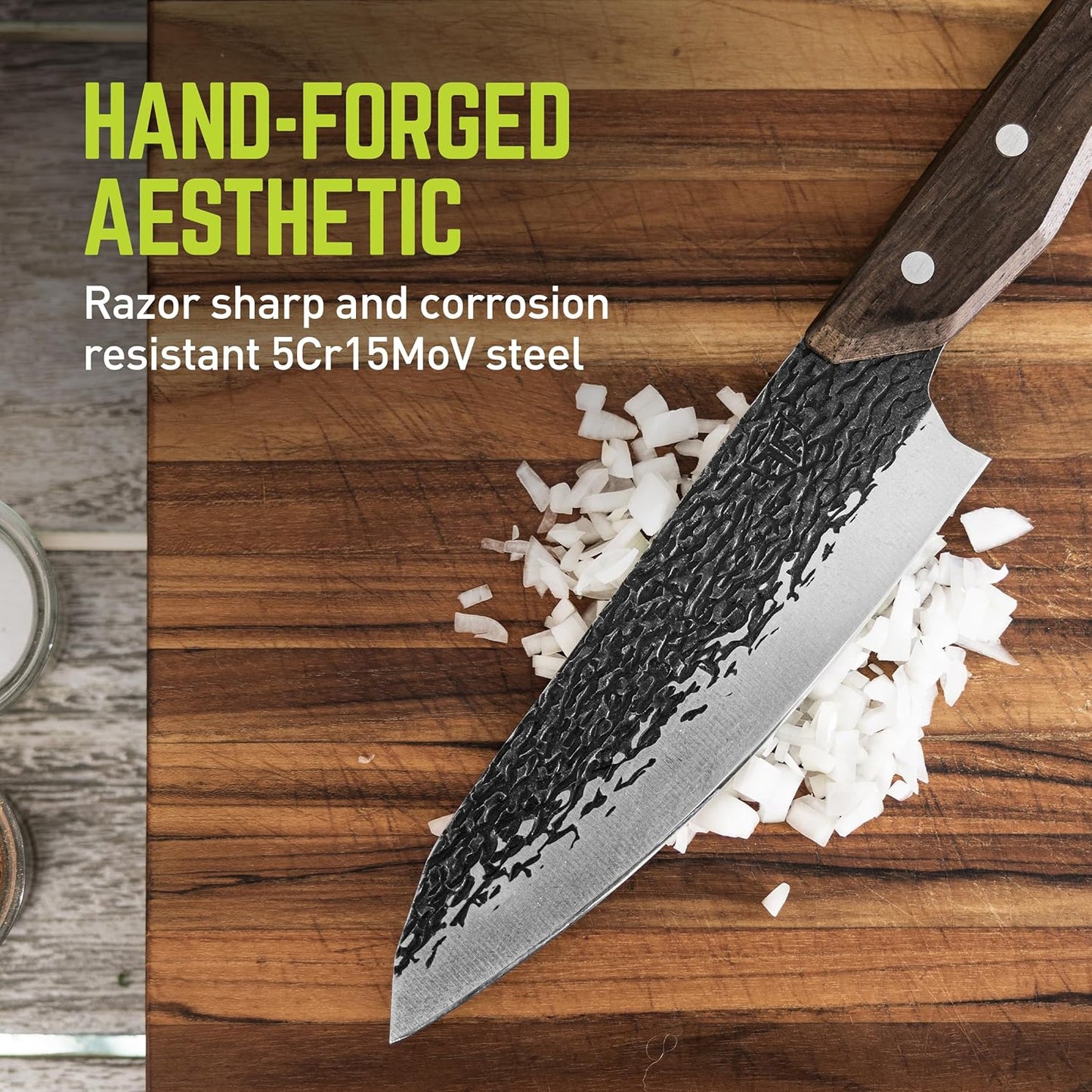 PrimalForge Nakiri Knife | Precision Cutting, Vegetable Cutlery, Home & Professional Knife, Rugged Stonewash Finish, Sharp 5Cr15MoV Stainless-Steel, Wood Handle, Hand Forged Appearance