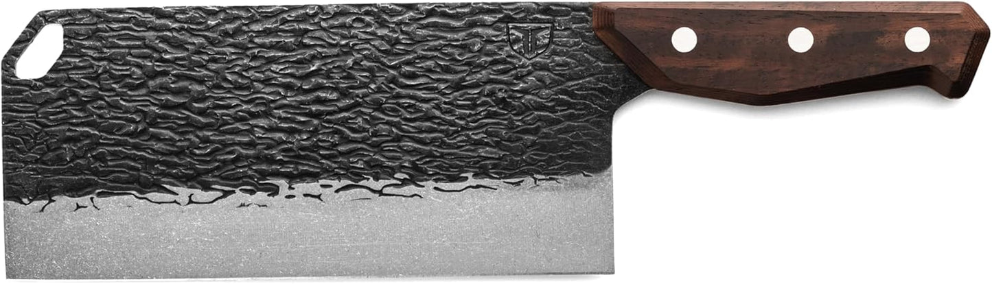 PrimalForge Nakiri Knife | Precision Cutting, Vegetable Cutlery, Home & Professional Knife, Rugged Stonewash Finish, Sharp 5Cr15MoV Stainless-Steel, Wood Handle, Hand Forged Appearance