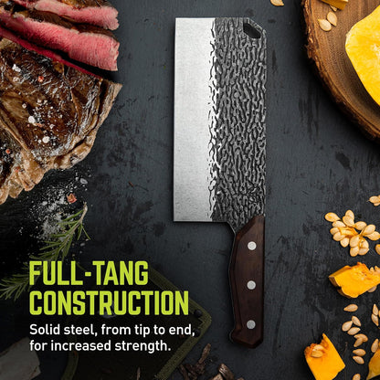 PrimalForge Nakiri Knife | Precision Cutting, Vegetable Cutlery, Home & Professional Knife, Rugged Stonewash Finish, Sharp 5Cr15MoV Stainless-Steel, Wood Handle, Hand Forged Appearance