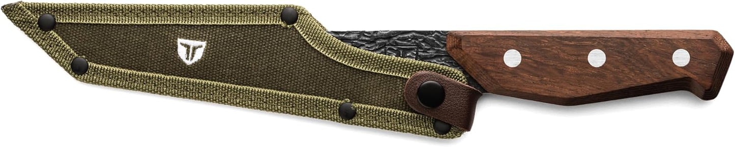 PrimalForge Nakiri Knife | Precision Cutting, Vegetable Cutlery, Home & Professional Knife, Rugged Stonewash Finish, Sharp 5Cr15MoV Stainless-Steel, Wood Handle, Hand Forged Appearance