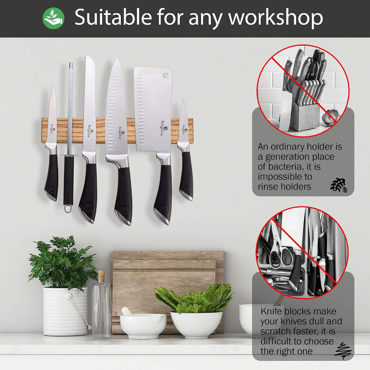Ashtree Magnetic Knife Strip - 12 Inch Wooden Magnet Holder for Wall - Metal Knives Magnetic Rack Wood Knife Bar - Kitchen Strip Storage N-25