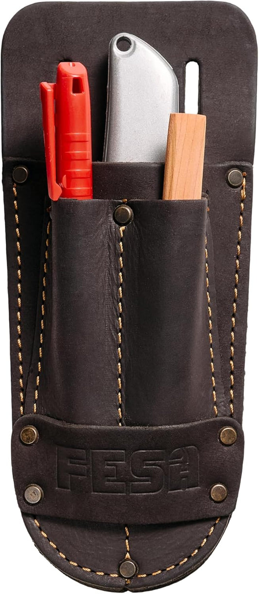 Leather Utility Knife Pouch - Top Grain Leather Knife Pouch for Belt with 2 Pen/Pencil Pockets & Heavy Duty Reinforced Rivets - Fits Belts up to 2" - Handcrafted