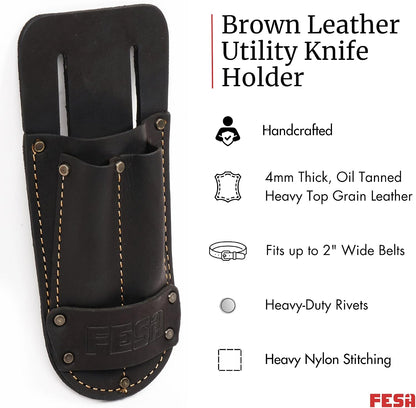 Leather Utility Knife Pouch - Top Grain Leather Knife Pouch for Belt with 2 Pen/Pencil Pockets & Heavy Duty Reinforced Rivets - Fits Belts up to 2" - Handcrafted