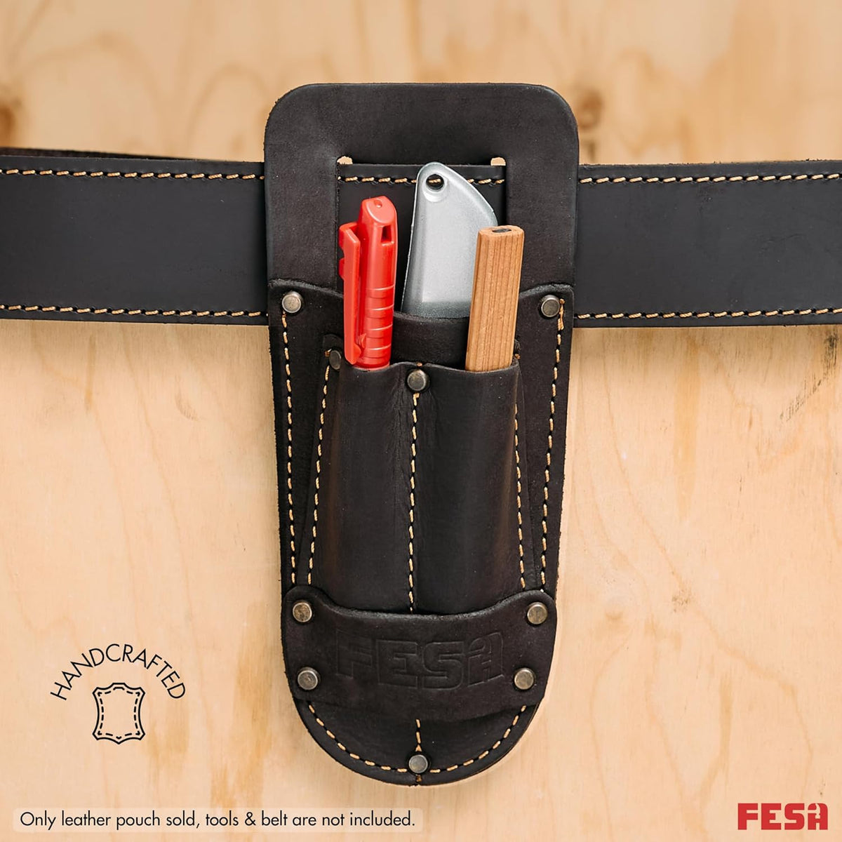 Leather Utility Knife Pouch - Top Grain Leather Knife Pouch for Belt with 2 Pen/Pencil Pockets & Heavy Duty Reinforced Rivets - Fits Belts up to 2" - Handcrafted