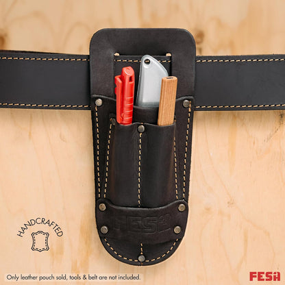 Leather Utility Knife Pouch - Top Grain Leather Knife Pouch for Belt with 2 Pen/Pencil Pockets & Heavy Duty Reinforced Rivets - Fits Belts up to 2" - Handcrafted