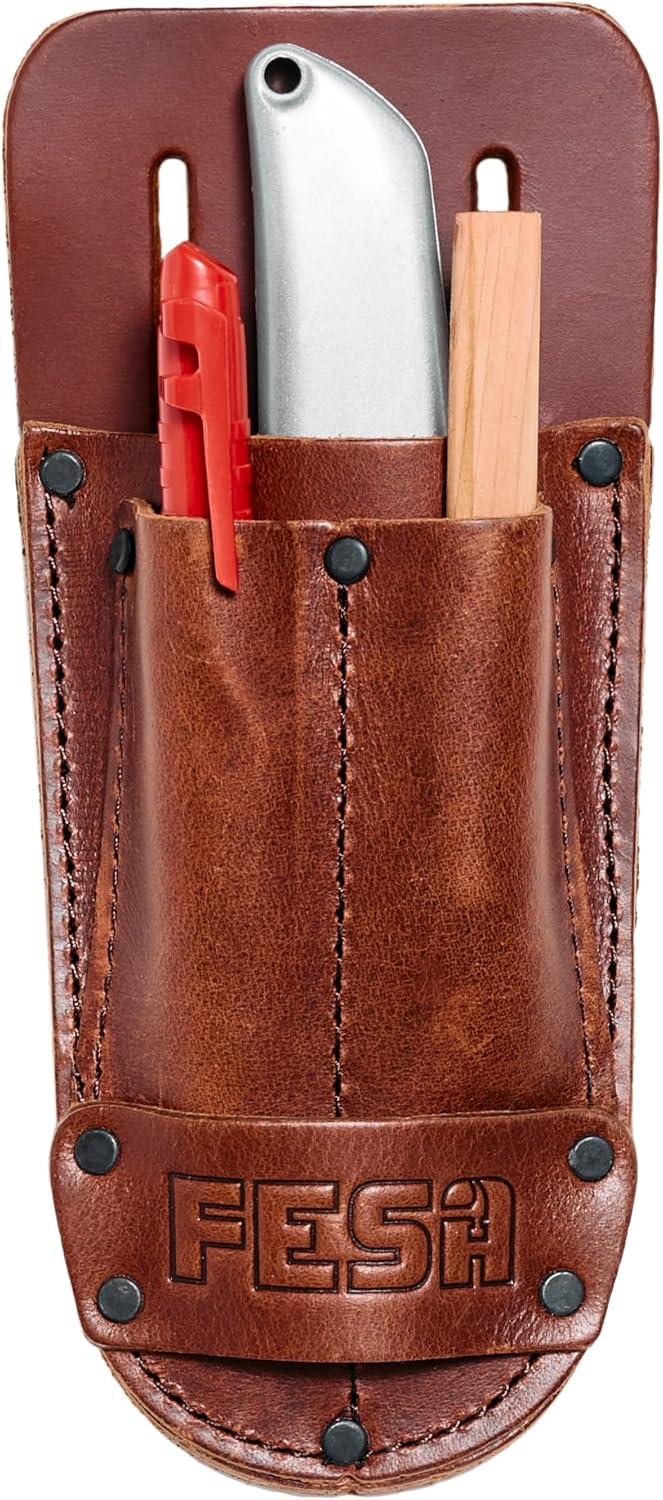 Leather Utility Knife Pouch - Top Grain Leather Knife Pouch for Belt with 2 Pen/Pencil Pockets & Heavy Duty Reinforced Rivets - Fits Belts up to 2" - Handcrafted