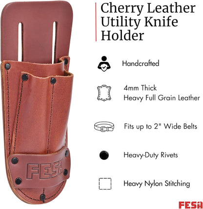 Leather Utility Knife Pouch - Top Grain Leather Knife Pouch for Belt with 2 Pen/Pencil Pockets & Heavy Duty Reinforced Rivets - Fits Belts up to 2" - Handcrafted