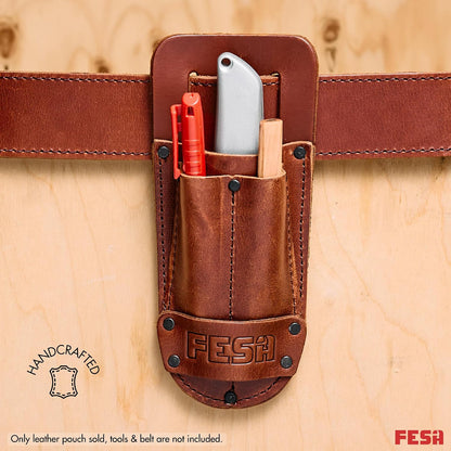Leather Utility Knife Pouch - Top Grain Leather Knife Pouch for Belt with 2 Pen/Pencil Pockets & Heavy Duty Reinforced Rivets - Fits Belts up to 2" - Handcrafted