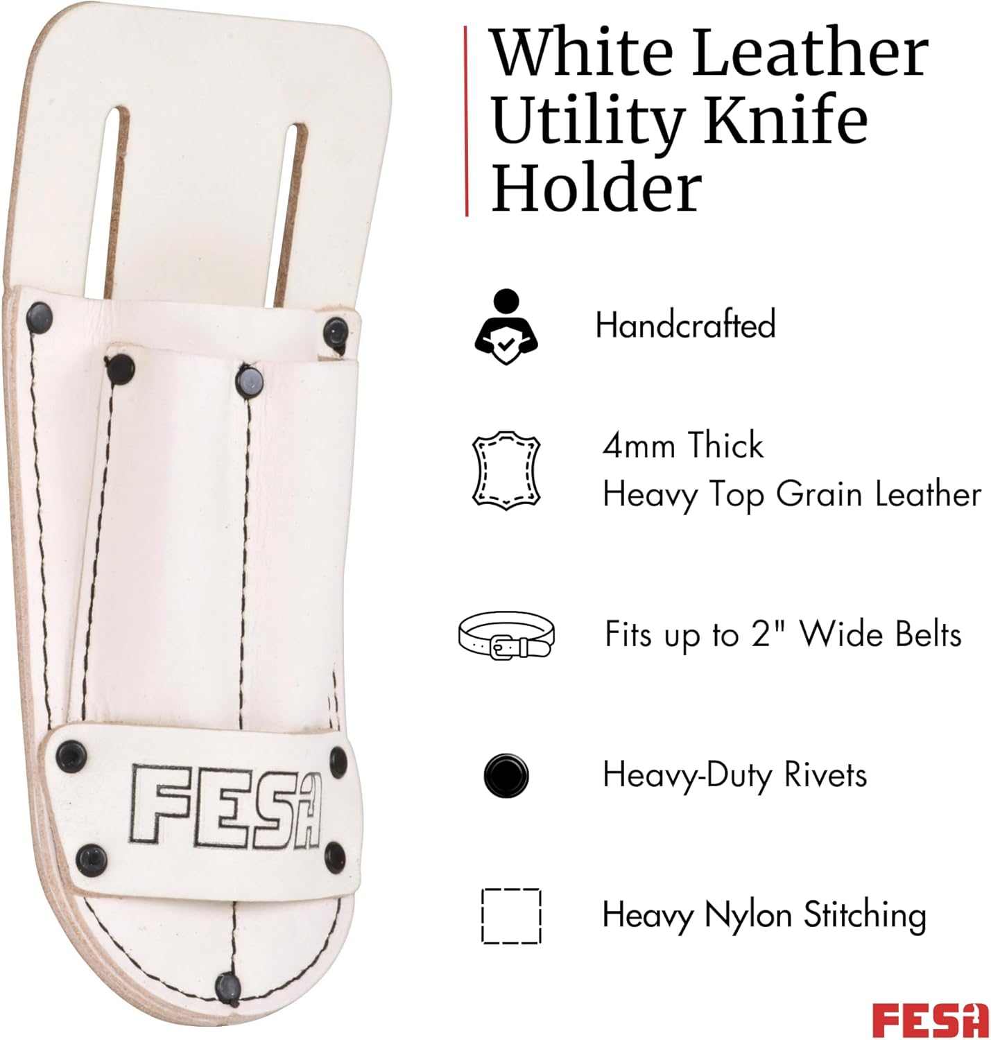 Leather Utility Knife Pouch - Top Grain Leather Knife Pouch for Belt with 2 Pen/Pencil Pockets & Heavy Duty Reinforced Rivets - Fits Belts up to 2" - Handcrafted
