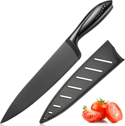 Chef Knife with Sheath, Sharp Kitchen Knife 8 inch Black Cooking Knives with German HC Steel