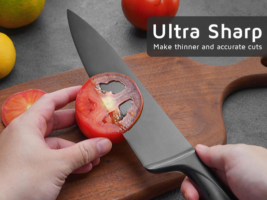 Chef Knife with Sheath, Sharp Kitchen Knife 8 inch Black Cooking Knives with German HC Steel