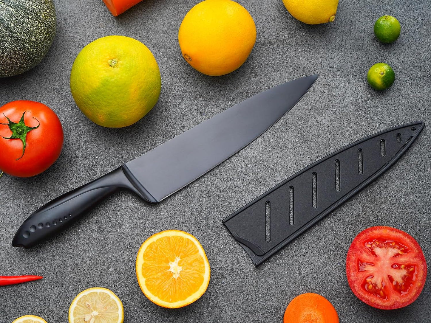 Chef Knife with Sheath, Sharp Kitchen Knife 8 inch Black Cooking Knives with German HC Steel
