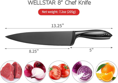 Chef Knife with Sheath, Sharp Kitchen Knife 8 inch Black Cooking Knives with German HC Steel