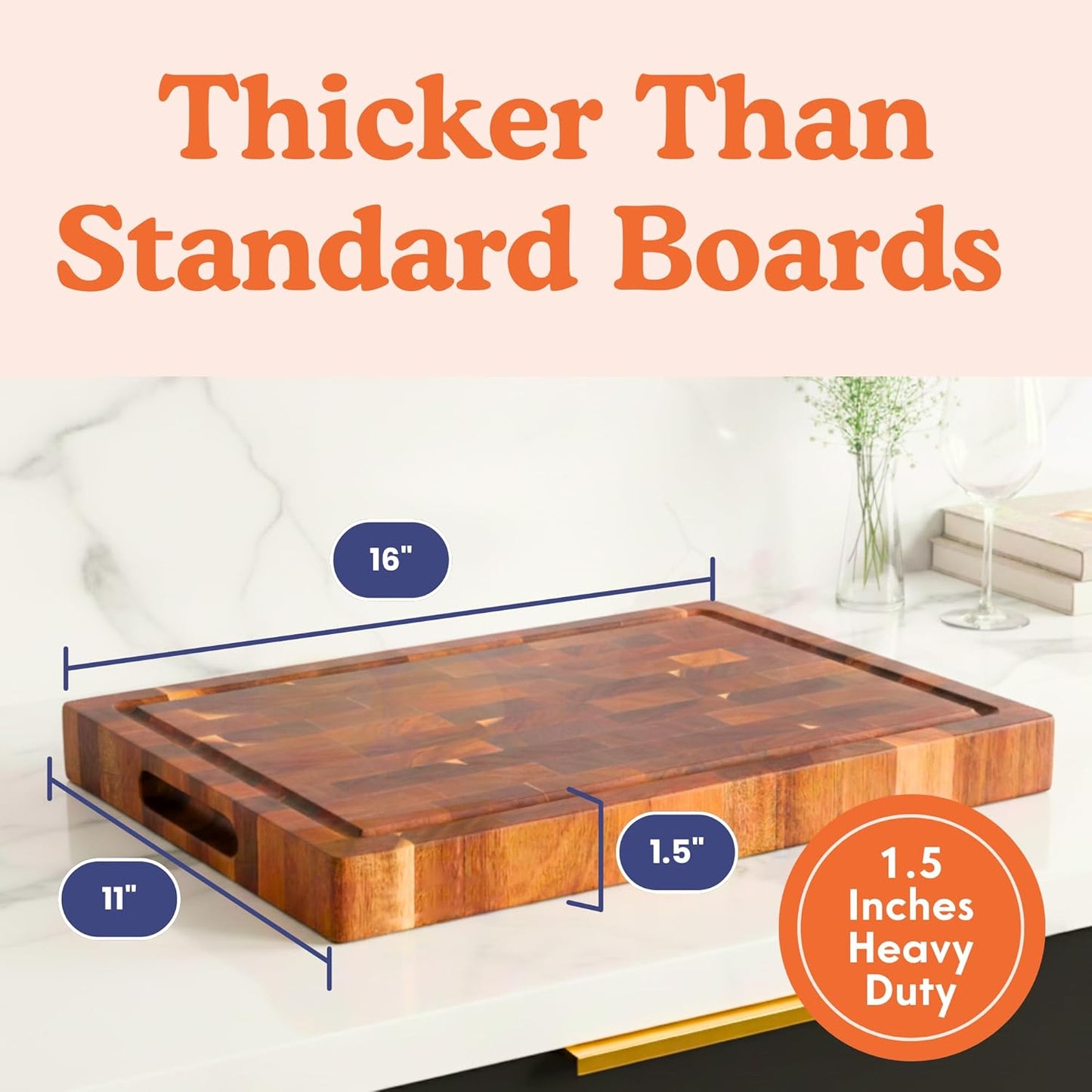 End Grain Butcher Block Cutting Board [1.5" Thick]. Made of Acacia Wood and Conditioned with Beeswax, Flaxseed Oil & Lemon Oil. 16" x 11" Chopping Board .