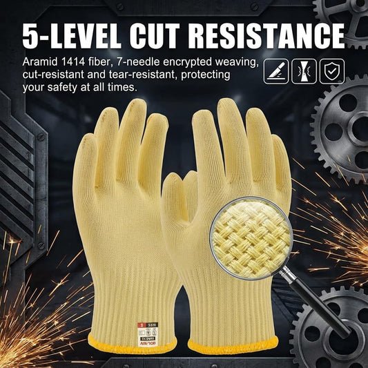 Heat Cut Resistant Gloves, Kevlar Oven Gloves with Fingers, Thick Knit Design, Machine Washable - Grill Mitts for Men & Women (L)
