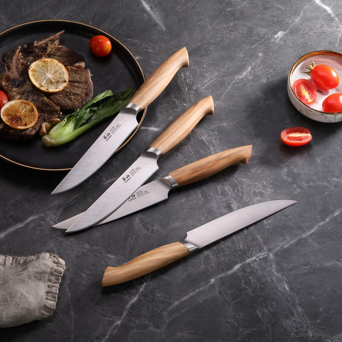 Cangshan OLIV Series 4-Piece Fine-Edge Steak Knife Set, Forged Swedish 14C28N Steel, 501653
