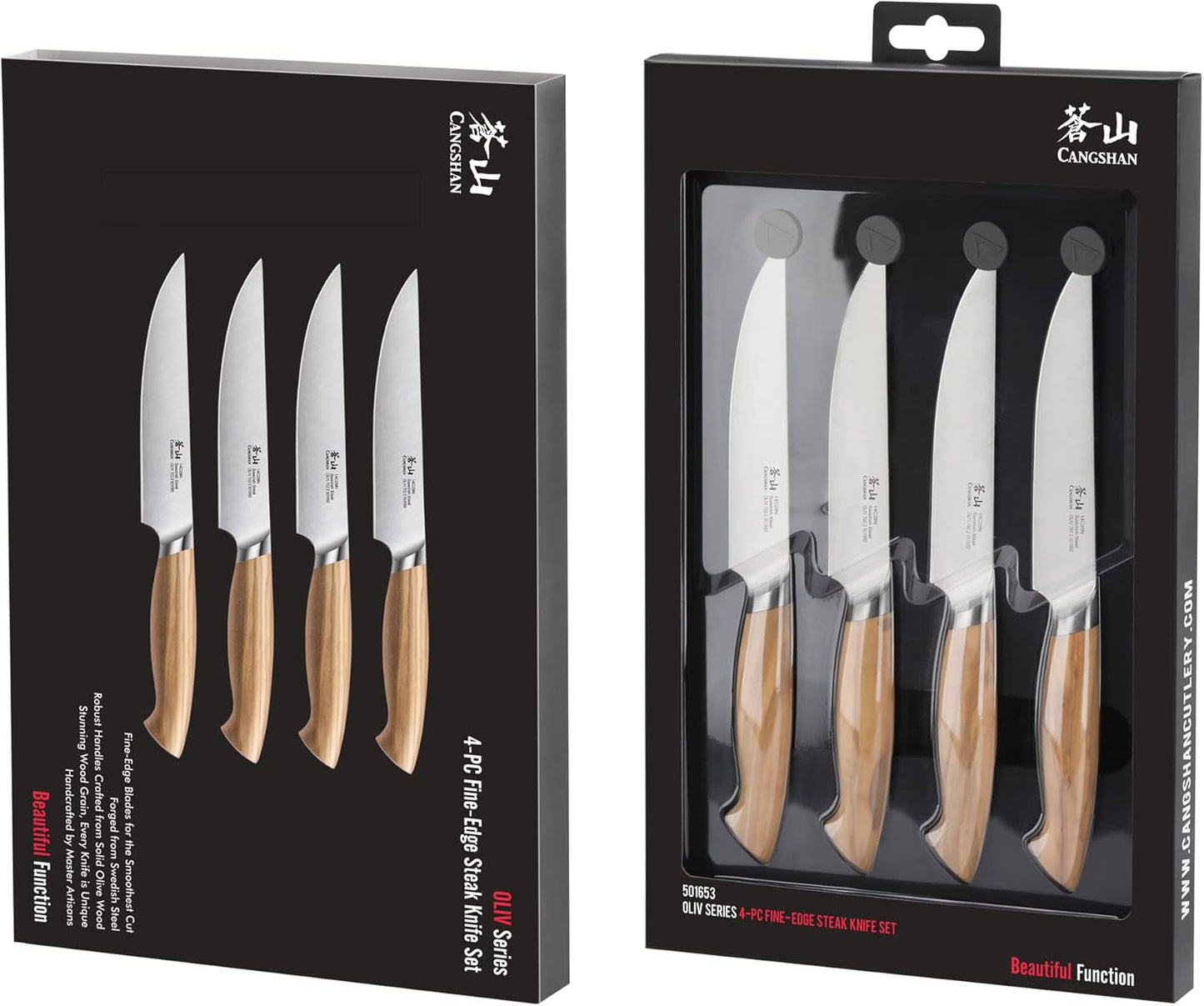 Cangshan OLIV Series 4-Piece Fine-Edge Steak Knife Set, Forged Swedish 14C28N Steel, 501653