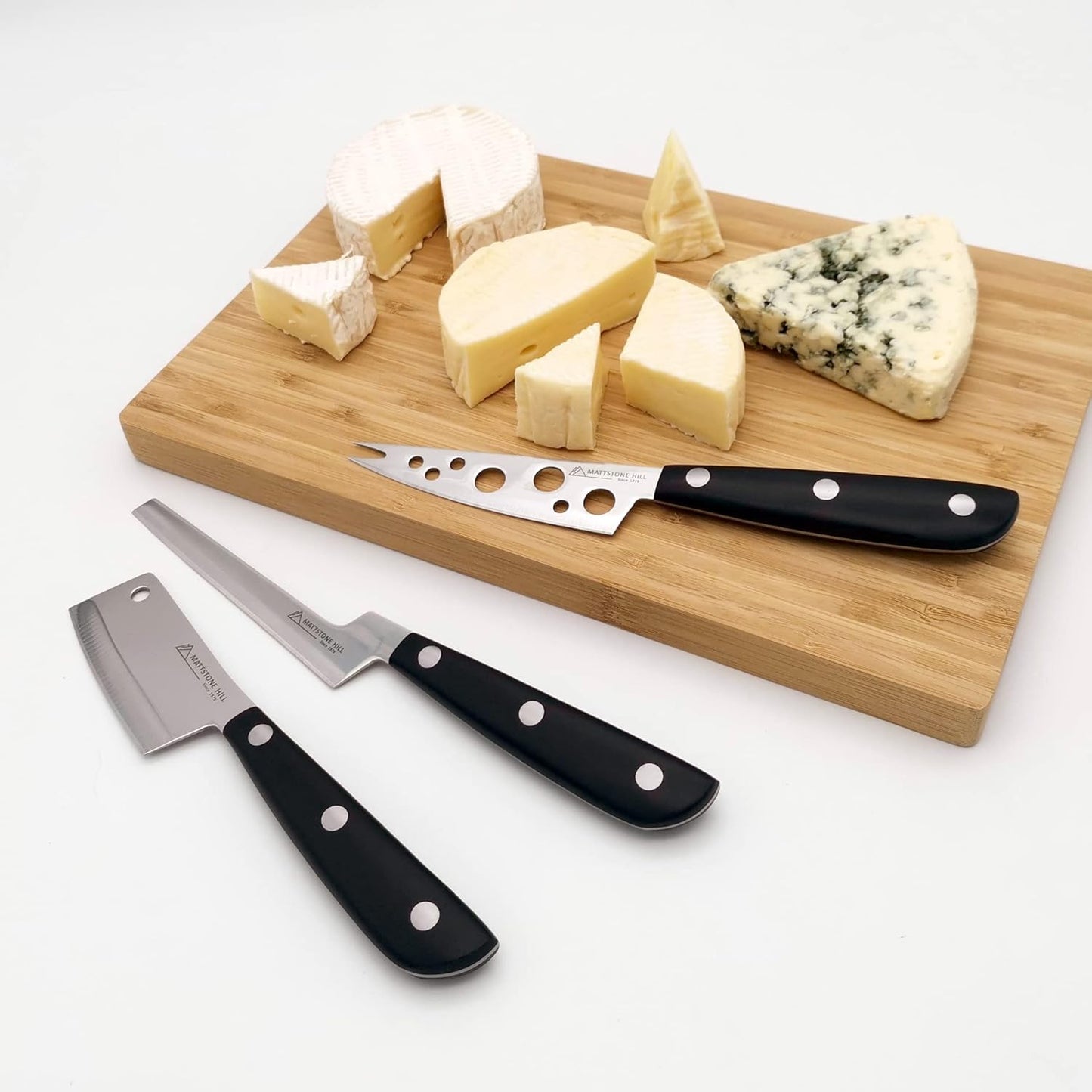 Cheese Knife, MATTSTONE HILL Cheese Knives Set - Soft & Semi Hard Cheese Knife, Soft Cheese Slicer, Cheese Cleaver, Hard Cheese Cutter, Premium Stainless Steel, Wood Handle