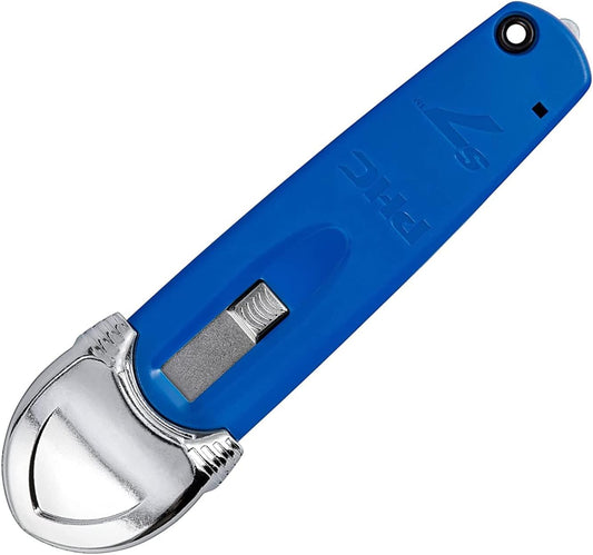 S7 Safety Cutter, 3-in-1 Self-Retractable Utility Knife with Fold-Out Film Cutter, Bladeless Tape Splitter, Guard for Safety & Damage Prevention , Blue