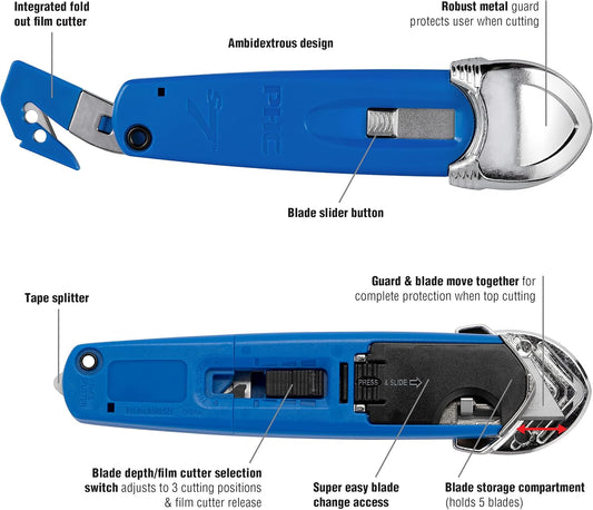 S7 Safety Cutter, 3-in-1 Self-Retractable Utility Knife with Fold-Out Film Cutter, Bladeless Tape Splitter, Guard for Safety & Damage Prevention , Blue