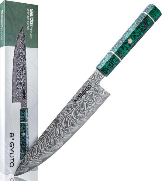 Seido Epokishi 8 Inch AUS-10 Damascus Gyuto Knife, Green Resin Handle | AUS-10 steel gyuto knife with 67-layer Damascus finish, green resin, and carbon fiber handle for chef prep.