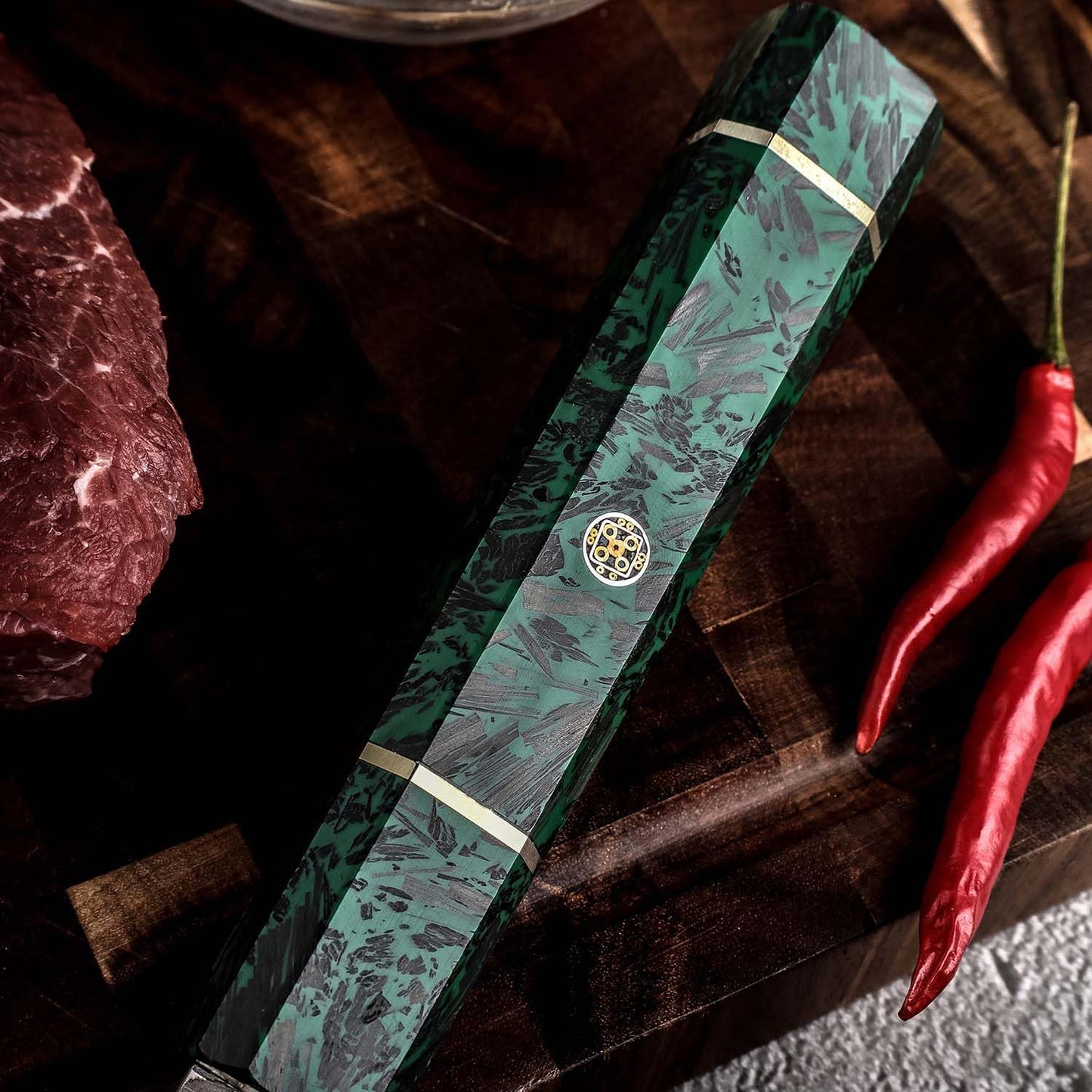 Seido Epokishi 8 Inch AUS-10 Damascus Gyuto Knife, Green Resin Handle | AUS-10 steel gyuto knife with 67-layer Damascus finish, green resin, and carbon fiber handle for chef prep.