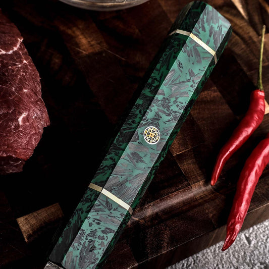 Seido Epokishi 8 Inch AUS-10 Damascus Gyuto Knife, Green Resin Handle | AUS-10 steel gyuto knife with 67-layer Damascus finish, green resin, and carbon fiber handle for chef prep.