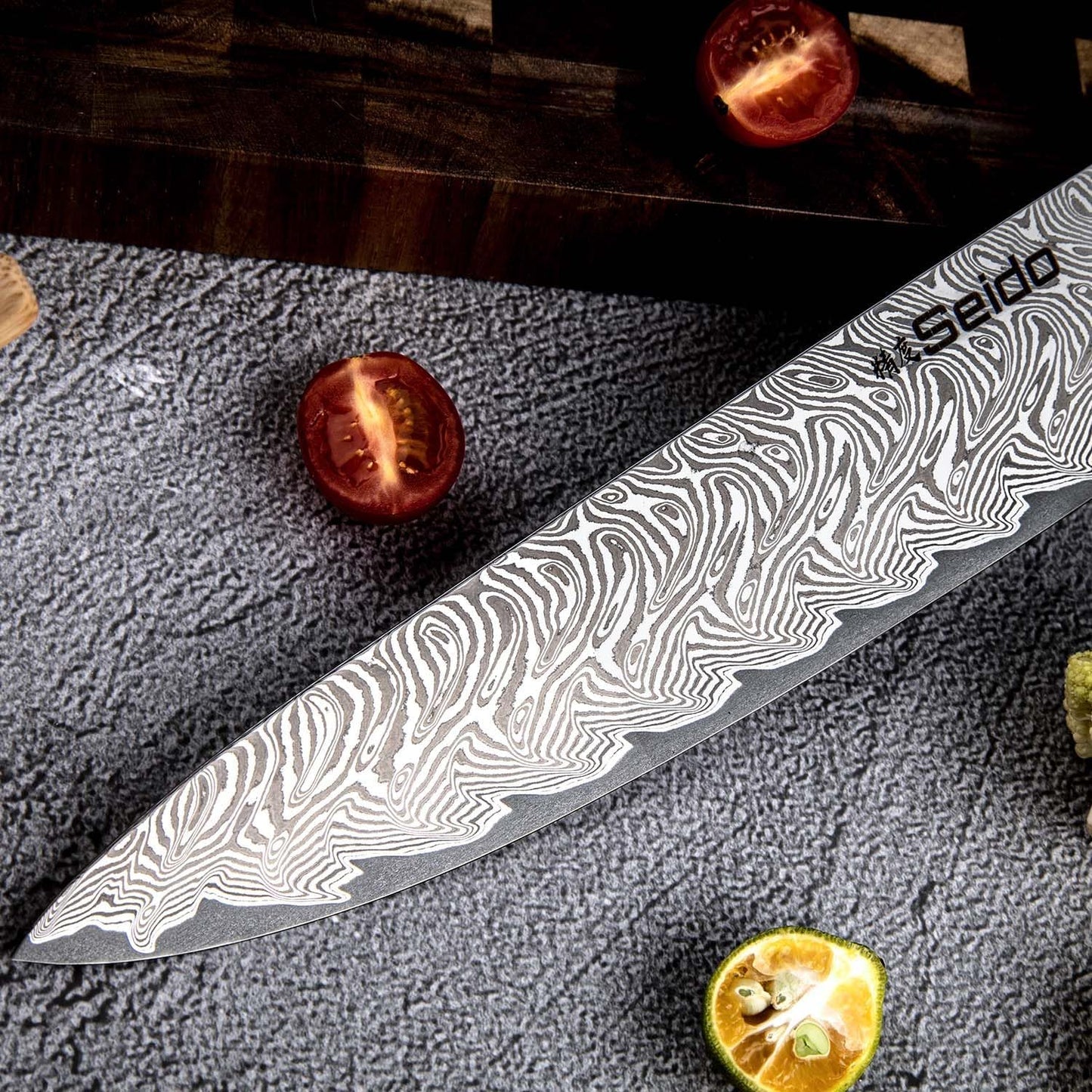 Seido Epokishi 8 Inch AUS-10 Damascus Gyuto Knife, Green Resin Handle | AUS-10 steel gyuto knife with 67-layer Damascus finish, green resin, and carbon fiber handle for chef prep.
