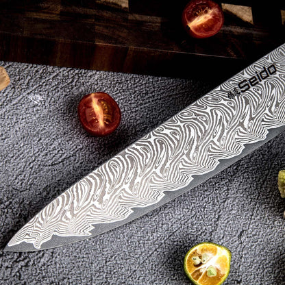 Seido Epokishi 8 Inch AUS-10 Damascus Gyuto Knife, Green Resin Handle | AUS-10 steel gyuto knife with 67-layer Damascus finish, green resin, and carbon fiber handle for chef prep.