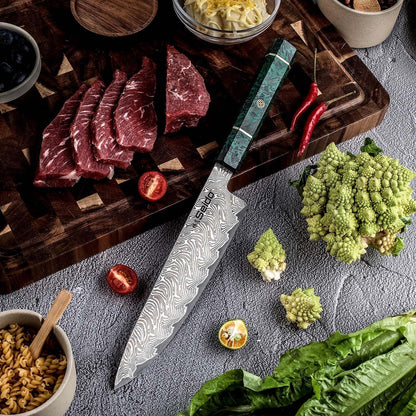 Seido Epokishi 8 Inch AUS-10 Damascus Gyuto Knife, Green Resin Handle | AUS-10 steel gyuto knife with 67-layer Damascus finish, green resin, and carbon fiber handle for chef prep.