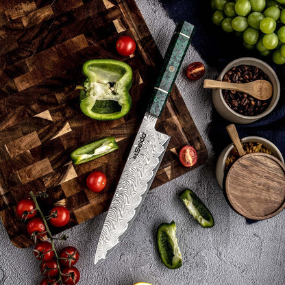 Seido Epokishi 8 Inch AUS-10 Damascus Gyuto Knife, Green Resin Handle | AUS-10 steel gyuto knife with 67-layer Damascus finish, green resin, and carbon fiber handle for chef prep.