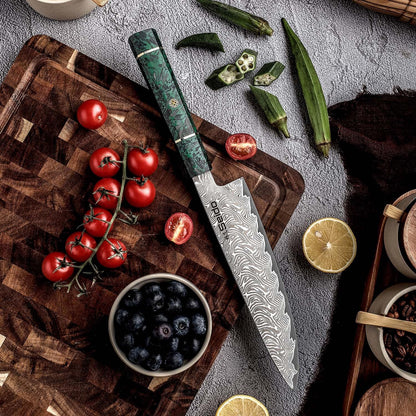 Seido Epokishi 8 Inch AUS-10 Damascus Gyuto Knife, Green Resin Handle | AUS-10 steel gyuto knife with 67-layer Damascus finish, green resin, and carbon fiber handle for chef prep.