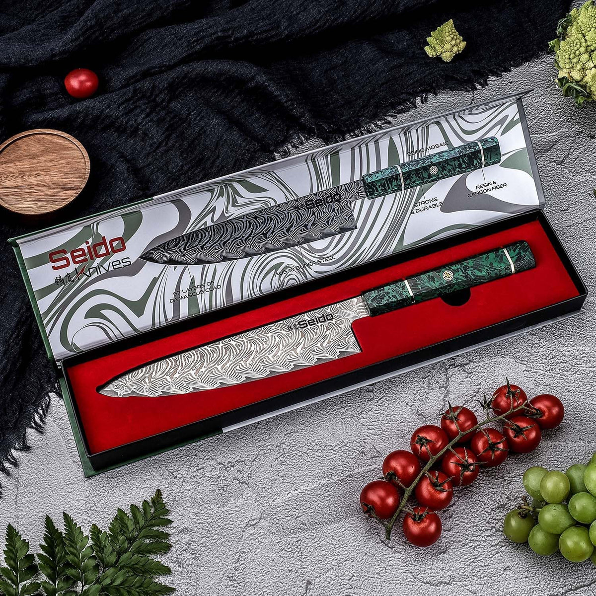 Seido Epokishi 8 Inch AUS-10 Damascus Gyuto Knife, Green Resin Handle | AUS-10 steel gyuto knife with 67-layer Damascus finish, green resin, and carbon fiber handle for chef prep.
