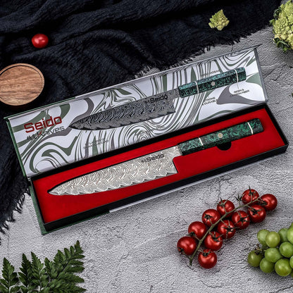 Seido Epokishi 8 Inch AUS-10 Damascus Gyuto Knife, Green Resin Handle | AUS-10 steel gyuto knife with 67-layer Damascus finish, green resin, and carbon fiber handle for chef prep.