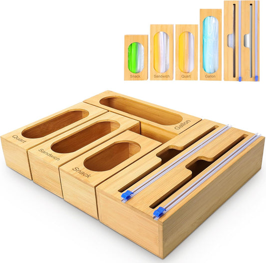 Ziplock Bag Organizer for Kitchen Drawer, 5-Slot | Bamboo, 5 Independent Boxes, Slide Cutter, Magnetic Lid, Space-Saving Drawer Organizer