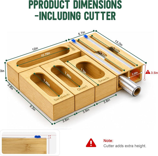 Ziplock Bag Organizer for Kitchen Drawer, 5-Slot | Bamboo, 5 Independent Boxes, Slide Cutter, Magnetic Lid, Space-Saving Drawer Organizer